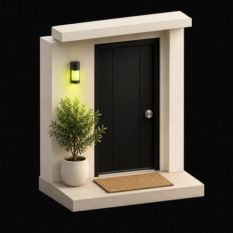 A home's black front door with a doormat, a potted plant and a small lime wall lamp