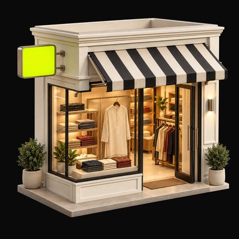 A small clothing boutique with a striped awning, clothes in a lit window and a lime sign