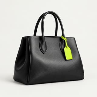 A black leather handbag with two handles and a lime tag