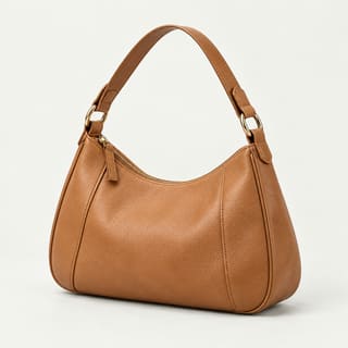 A tan leather purse with a short strap