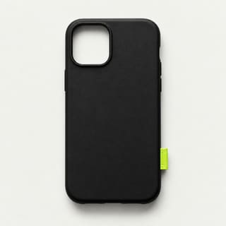 A black matte smartphone case with a small lime fabric tag